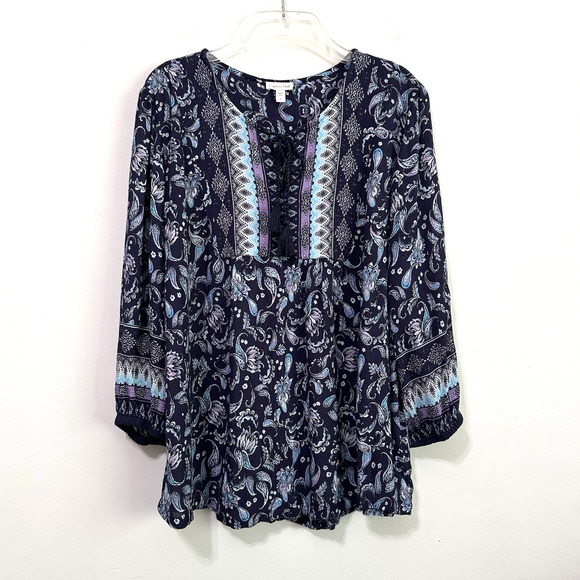 Garnet Hill Boho Border Print Blouse 6 Blue Paisley Floral Peasant Crinkle Shirt - Picture 1 of 9